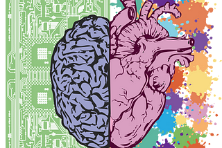 Half brain with computer circuits on the left, half heart with color splashes on the right.