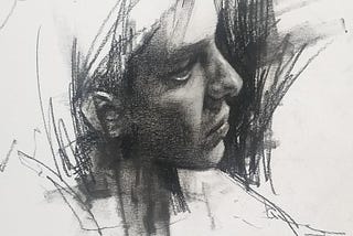 Pencil sketch of a contemplative face in profile. Loose lines and shading suggest depth and introspection, with abstract elements in the background.