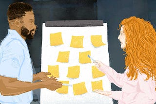 An illustration of a man and a woman doing a hands on activity with sticky notes.
