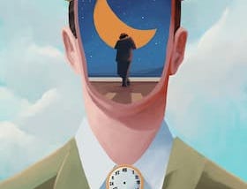 Bsheep ilustración surrealista digital. Hombre con boina y reloj.