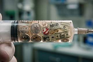 A hypodermic syringe filled with tiny coins and notes depicting cultural touchstones of the 80s and 90s.