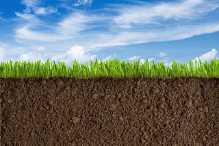 A photo of blue sky above and deep soil below, with growing grass in between.
