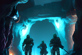 Three futuristic soldiers in a blue mysterious tunnel