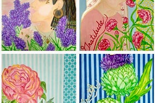 Photo: Four canvases with different flowers on them. Cleopatra with lilacs, a woman with carnations, a rose, and a wild artichoke in purple bloom.