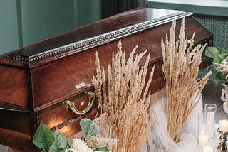 A coffin surrounded by flowers