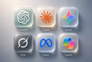 ChatGPT, Claude, Gemini, Grok, Llama, and Copilot app icons.