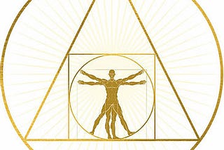 Leonardo Da Vinvi’s Vitruvian man within Symbol of Philosopher’s Stone: a circle, within a square, within a triangle.