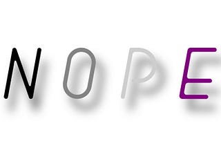 The word “nope” spelled out in all caps, each letter matching one of the four colors of the asexual flag.