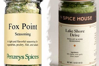 A collage of two images — on the left, a jar of Penzeys Spices’ Fox Point Seasoning, and on the right, a jar of The Spice House’s Lake Shore Drive seasoning.