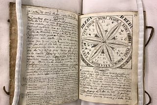 Un manuscrito del siglo XVIII abierto sobre un soporte de libro blanco, sujeto a cada lado por un cordón. El manuscrito tiene un guion escrito a mano en idioma español en ambas páginas abiertas y una ilustración en la página de la derecha.