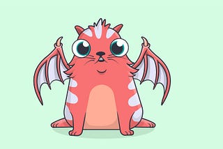 Cartoon CryptoKitty with daemonwings.