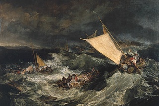 A dramatic landscape painting by J. M. W. Turner featuring ships on stormy seas