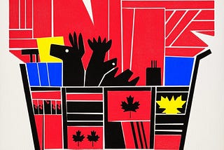 abstract linocut-style image depicts a red shopping cart full of maple leaves, moose and beavers