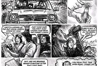 Renny’s Guitar page 1 Comic by E.R. Flynn. A story about a heavy metal band roadtrip. All rights Reserved by E.R. Flynn.