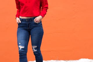 Red Cropped Hoodie and Distressed Denim