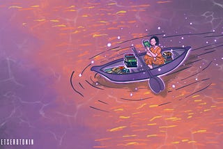 A woman reading a book in a boat filled with books in the middle of open waters that is purple and orange hued.