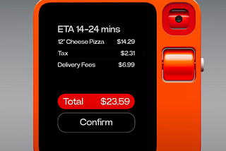 The device displays a black screen, showing a purchase page with written totals and a button to confirm.