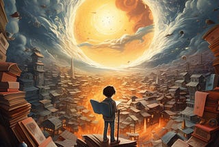 A boy stands on the books, with a book as a backpack, looking at the epic cityscape.