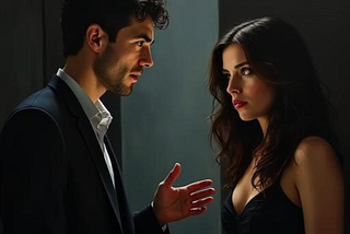 A man explaining himself to a woman who has nefarious eyes.
