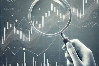 Magnifying glass looking at candlestick patterns for technical analysis price action trading