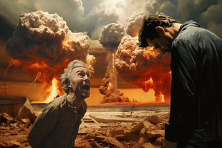 Three massive nuclear explosions are in the background while a wicked man mocks another man, that man has his head hung low in shame. This image describes the devastating impact that discouragement has on our being.