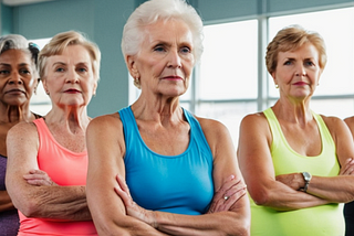 A group of senior citizen women in workout gear standing close together with arms crossed across their chests