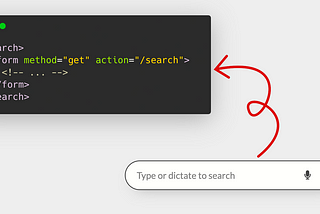 A search box with an arrow pointing to the HTML code: <search> <form method=”get” action=”/search”> … </form> </search>