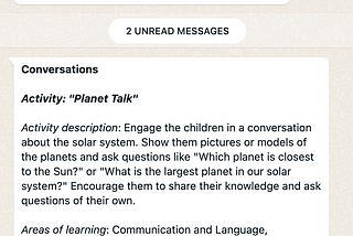 Screenshot of a Whatsapp app screen, showing an example of the user asking “Activities about the solar system” and the chatbot answering with ideas for conversations such as “Planet talk” and “Planet Facts”