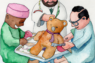 Cartoon showing Muslim, Jewish and Anglophone medical specialists mutilating a teddy bear.