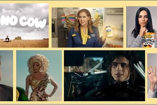 Collage of screenshots from Super Bowl 2021 commercials.