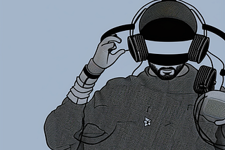 An AI-generated stylized image of a blindfolded man wearing headphones and holding a weird gaming controller in his hand