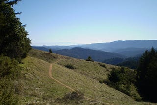 Mountains with a few trees showing a pathway across the slope of the incline.