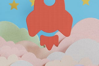 A rocket ship takes off amid clouds and stars