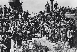 Promontory Point, Utah, during the driving of the Golden Spike connecting the United States, east and west.