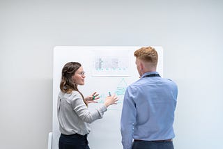 A male and a female colleague brainstorming in front of a whiteboard