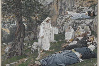A painting of Jesus instructing the disciples to rest. Jesus stands among them, in white, as they lie on the ground around him.