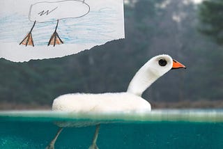 The top left corner shows a child’s drawing of a duck floating in water. The main pic is a realistic version of the drawing.