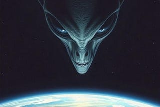 A large gray alien looking down ominously at the Earth from space