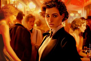 A woman wearing a tuxedo stares at the viewer, a crowd of club patrons in the background, warm palette