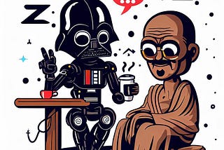 Cartoon image of Darth Vader and Gandhi having coffee.