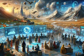 Future landscape with screens, cities, and a variety of people