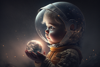A child astronaut is imaging the future while holding a planet in its hand. Created in Midjourney by Timo Wagner.