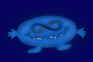 Blue monster with infinity loop as eyes looking happy