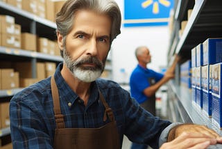 Older worker standing by store shelf in a Walmart store