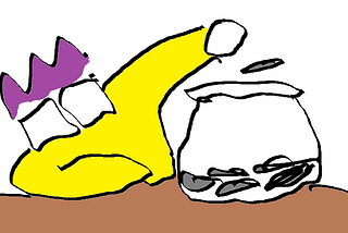 slightly sloppy ms paint drawing of kirby (purple hair, entire face is just glasses, yellow sweater) putting a quarter into a big jar)