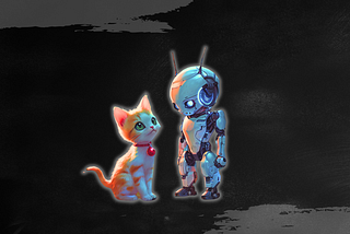Prompt: ”An anime-style image of a charming calico cat with glossy fur and a playful red bell, facing a humanoid robot with sleek silver and blue panels. The robot, displaying a puzzled expression with a head tilt and blinking lights, exudes a friendly confusion…”