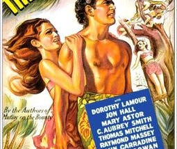 A colorful movie poster for the 1937 movie “The Hurricane” showing a woman with red hair blowing behind her in the wind as she clutches a bare-chested man who is wearing native dress.