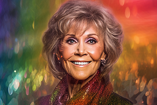 Midjourney rendering for “Jane Fonda in front of a rainbow on fields of glitter”