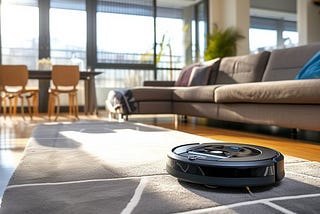 A robotic vacuum cleaner glides across a sunlit living room, ensuring a tidy and dust-free space.