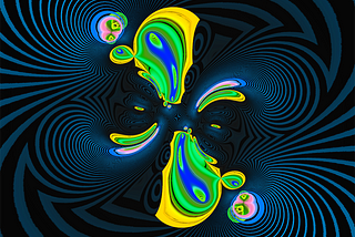 An abstract image with multicolored amorphous blobs in the center surrounded by blue and black lines that zig-zag outward.
